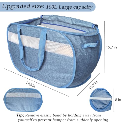 Upgraded 100L Extra Large Mesh Pop Up Laundry Hamper with Lid and Handles. XL Closet Storage Bins, Dirty Clothes Basket for Dorm Home, Foldable Laundry Basket. Blue. H - color: Blue, size: Single Horizontal
