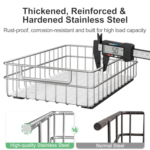 Stainless Steel Pull Out Cabinet Organizer(11.8"W x 16.5"D x 4.7"H)-1 Pack, Minimalist Design Frame, Full-Extension Slide Rails, Easy Installation for Pantry Organizers or Kitchen Cabinet Organizer