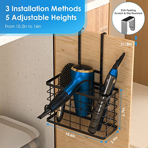 Hair Tool Organizer, Dryer Holder, 3 in 1 Blow Bathroom Organizer Wall Mounted/Cabinet Door for Flat Iron, Curling Straightener, Care & Styling Tools Storage Basket - color: Black