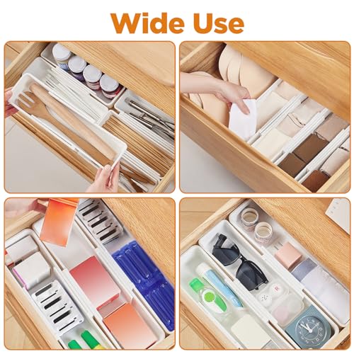 4 PCS Expandable Drawer Organizer, Adjustable Drawer Organizer Trays, Drawers Dividers Organizers and Storage For Office Supplies, Pens, Makeup,Utensils, Tools, Flatware and Junks, White