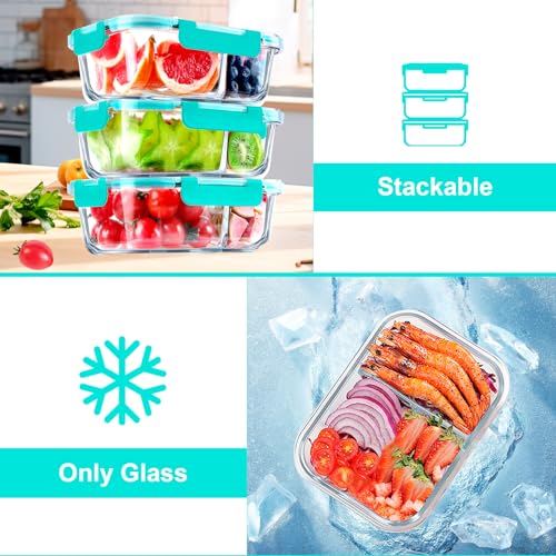 VERONES 5 Pack Glass Meal Prep Containers 2 Compartment Set, 36OZ Airtight Glass Lunch Containers, Glass Food Storage Containers with Lids, for Microwave, Oven, Freezer & Dishwasher Friendly,Green - color: Green