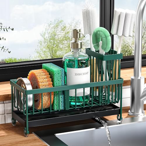 Cisily Sponge Holder for Kitchen Sink, Sink Caddy Organizer with High Brush Holder, Kitchen Countertop Organizers and Storage Essentials, Rustproof 304 Stainless Steel (Dark Green, 9.25″) - color: Dark Green