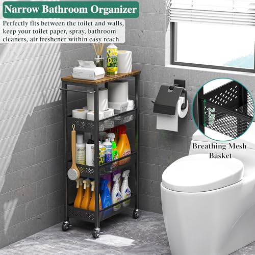 OKZEST Utility Slim Storage Cart, 4-Tier Narrow Bathroom Organizer and Storage Cart, Metal Narrow Kitchen Laundry Room Organization Rack with Wood Top, Slim Rolling Shelf with Wheels for Small Space - color: Black, size: 9.1 inch wide
