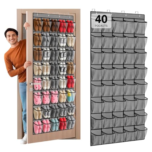 40-Pocket Over the Door Shoe Organizer - Large Mesh Pocket Hanging Shoe Organizer,Behind the Door Shoes Storage Holder Hanger,Large Capacity Design for Dorm Room College,Store 20 Pairs(Grey) - color: Grey