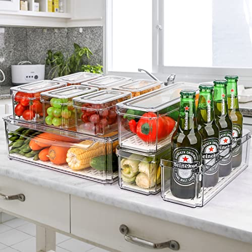 10 Pack Refrigerator Pantry Organizer Bins, Stackable Fridge Organizer Bins with Lids, Clear Plastic Food Storage Bins for Kitchen, Countertops, Cabinets, Fridge, Drinks, Fruits, Vegetable, Cereals - size: 10-PACK
