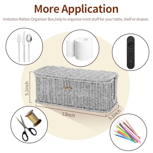 Cable Management Box, Desk Handwoven Rattan Cord Hider Cable Organizer Box With Lid Button Lock, Power Strip Cover Wicker Decorative Basket, Floor Wire Hiding Extension Cord Box (grey) - color: Grey