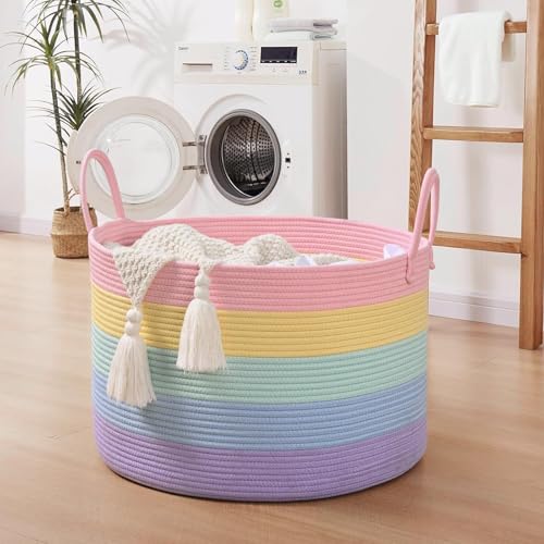 Rainbow Toy Basket, 20"x13" Extra Large Kids Toy Storage for Playroom Classroom Nursery, Woven Rope Blanket Basket with Handles, Stuffed Animal Organizer & Dog Toys Basket - color: Light Rainbow - Wide