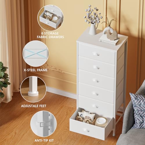 Furnulem White Tall Dresser for Bedroom,Vertical Storage Tower Unit and End Table with 6 Fabric Drawers, Nightstand Furniture with Drawer Organizer in Living Room,Closet,Entryway,Hallyway - color: White, size: 11.5"D x 16"W x 39.6"H (6 Drawers)