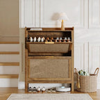 Garvee Farmhouse Rattan Shoe Cabinet, 32 Inch Narrow Shoe Storage with 2 Flip-Down Drawers, Freestanding Entryway Organizer with Adjustable Shelves, Brown - size: 2 doors
