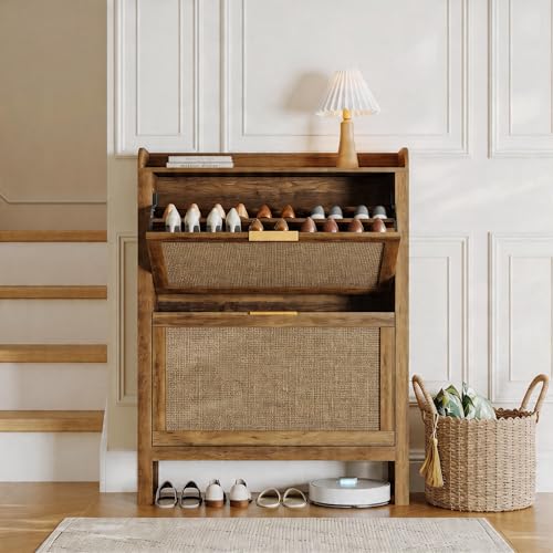 Garvee Farmhouse Rattan Shoe Cabinet, 32 Inch Narrow Shoe Storage with 2 Flip-Down Drawers, Freestanding Entryway Organizer with Adjustable Shelves, Brown - size: 2 doors