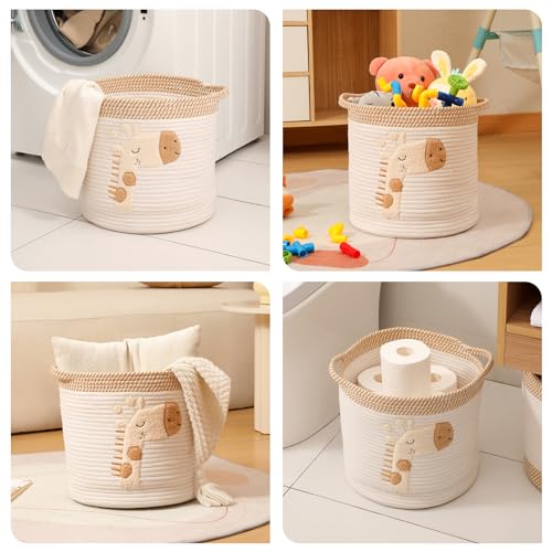 INough Toy Storage Baskets Woven Cotton Rope Storage Basket for Kids, Blanket Baskets for Living Room Toys Organizer with Embroidery Decor, Cute Baskets with Handle for Nursery, Playroom (Giraffe) - color: Giraffe, size: Medium