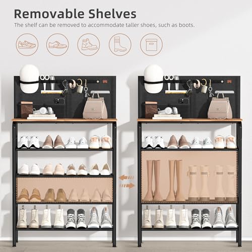 STORAGE MANIAC 5 Tier Shoe Rack for Entryway, Metal Shoe Shelf with Storage Pocket and MDF Top Board, 16-20 Pairs Free Standing Shoes Organizer for Closet, Black