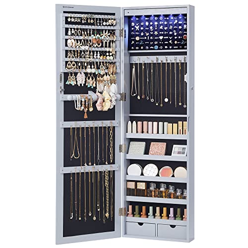 SONGMICS 6 LEDs Mirror Jewelry Cabinet, 47.2-Inch Tall Lockable Wall or Door Mounted Jewelry Armoire Organizer with Mirror, 2 Drawers, 3.9 x 14.6 x 47.2 Inches, Gray UJJC93GY - color: Gray