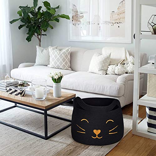 Large Woven Cotton Rope Storage Basket, Baby Laundry Basket Organizer for Toys, Blanket, Clothes, Towels, Gifts | Pet Gift Baskets for Cat, Dog - 15.7" L×11.8" H, Black - color: Black, size: 15.7"W x 11.8"H