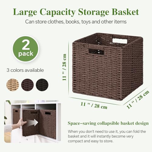 Woven Wicker Storage Baskets 2-Pack, 11x11 Handwoven Paper Rope Organizer Bins, Foldable Cube Storage Cubes with Built-in Handles for Shelves and Closet Organization(Dark Brown） - color: Dark Brown, size: 2 Pack