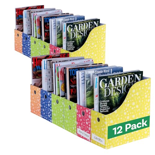 Evelots Magazine File Holder - Set of 12 Floral - Office Desk Organizer - Sturdy Cardboard - New Upgraded Double Front Panel for More Stability - Full 4 Inch Wide - Easy Assemble - color: Floral, size: Set of 12