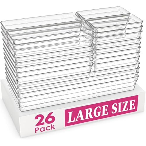 Criusia Large Drawer Organizer Bins 26 Pack | Complete 5 Size Clear Plastic Kitchen Drawer Organizers for Utensils | Bathroom Drawer Organizer Trays | Versatile for Makeup Office Organization - size: 26 Pack