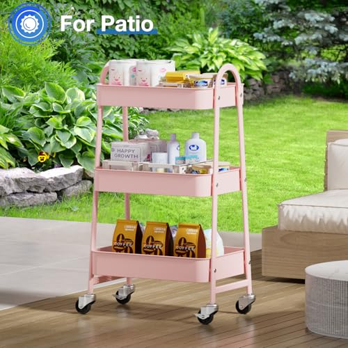 OLIXIS Metal 3 Tiers Utility Rolling Cart, Mobile Storage Shelf with Lockable Caster Wheels, Organization for Livingroom, Bathroom & Narrow Places, Pink - color: 3-tiered Pink, size: 3-Tiered 17 inches
