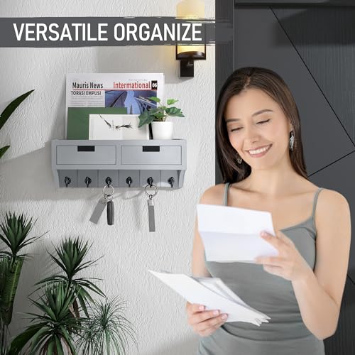 Rebee Vision Modern Farmhouse Decor Key Holder Wall Mount Combo - Stylish Key and Mail Holder for Wall with Drawer Organizer and Floating Shelves - Apartment Essentials for Home Decor (Gray)