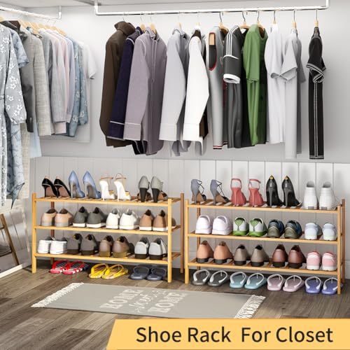 Long Shoe Rack, 3-Tier Bamboo Stackable Shoe Shelf Storage Organizer, Shoe Stand for Closet, Entryway and Hallway - color: Natural, size: 3-Tier-Long