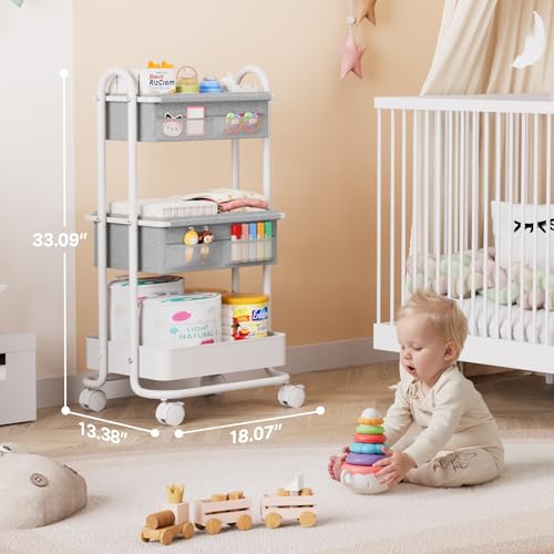 Modanais Baby Diaper Caddy Organizer Cart - 3 Tier Rolling Storage Cart with Wheels, Baby Essentials for Nursery Storage, Detachable Dividers - for Crib, Bedroom, Art & Craft Organizer (Light Gray) - color: Light Gray