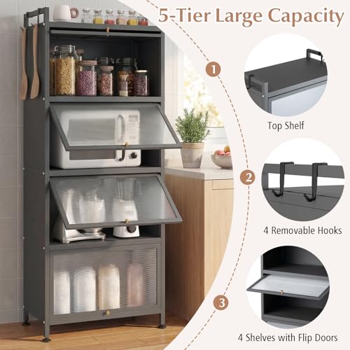 Giantex 5-Tier Kitchen Storage Cabinet, Mobile Microwave Stand with Flip-up PC Doors, Freestanding Kitchen Bakers Rack with 4 Rolling Casters, for Dining Room, Living Room and Study, Grey - color: Grey