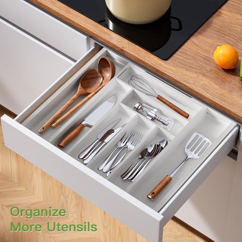 Pipishell Bamboo Expandable Drawer Organizer for Utensils Holder, Adjustable Cutlery Tray, Wood Drawer Dividers Organizer for Silverware, Flatware, Knives in Kitchen, Bedroom, Living Room (White) - color: White, size: Large