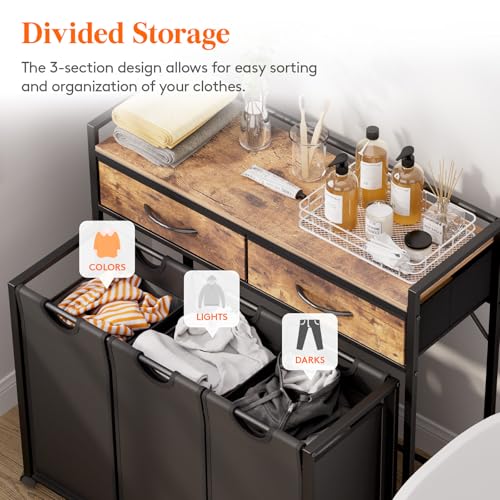 Lifewit Laundry Hamper 3 Section, Large Rolling Laundry Sorter with Shelf & 2 Drawers, Pull-Out Laundry Basket Organizer with Wheels and Removable Bag for Laundry Room Bathroom, Rustic Brown and Black - color: Rustic Brown