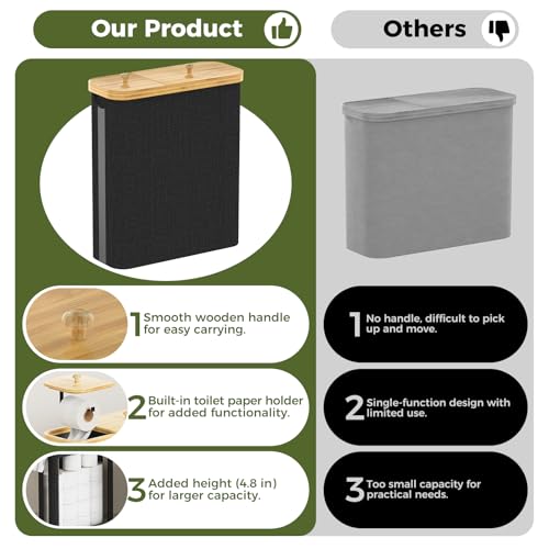 42L Toilet Paper Basket with Bamboo Lid, Toilet Paper Storage with Toilet Paper Holder & Non-Slip Mat for Bathroom Organizer, Holds up to 19 Regular Rolls or 14 Mega Rolls, Collapsible & Stackable - color: Black