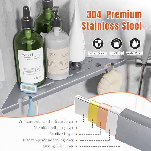 Shower Corner Shelf Organizer Rack with Hooks & Razor Hole, No Drilling Tile Shower Shelves, Rustproof Stainless Steel Bathroom Shelves Basket, Modern Corner Shelf for Bathroom, 2Pack-Silver - color: 4-upgraded Silver