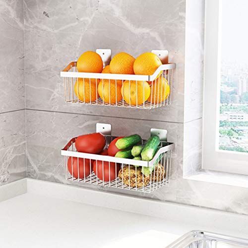 2PCS Kitchen Storage Metal Wire Fruit Basket - SUS304 Stainless steel Organizer Storage Bin Baskets for Bathroom - Space Saving Design for Pantry Organization, Spice Rack,Self Adhesive（Silver） - size: 11.8Inch 2PCS