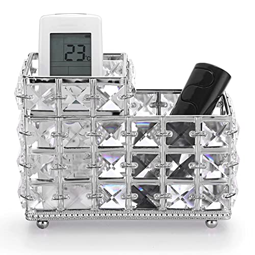 Hipiwe Crystal Remote Control & Makeup Brush Organizer - 2-Slot Silver Tabletop Pen & Pencil Storage Holder for Office & Bathroom - style: 2-Slot, Silver