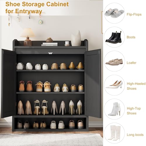 GarveeHome Modern Rattan Shoe Cabinet for Entryway, Wooden Shoe Storage Organizer with Adjustable Shelves, Closed Dustproof Shoe Rack for Hallway, Bedroom, Living Room, Black - color: Black