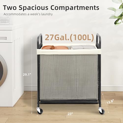 STORAGE MANIAC Rolling Laundry Hamper with Wheels 2-Section Laundry Sorter Rolling Laundrys Basket on Wheels with Removable Bag Clothes Hamper Laundrys Organizer Cart Bathroom Bedroom 100L Beige - color: Beige, size: 2-Section