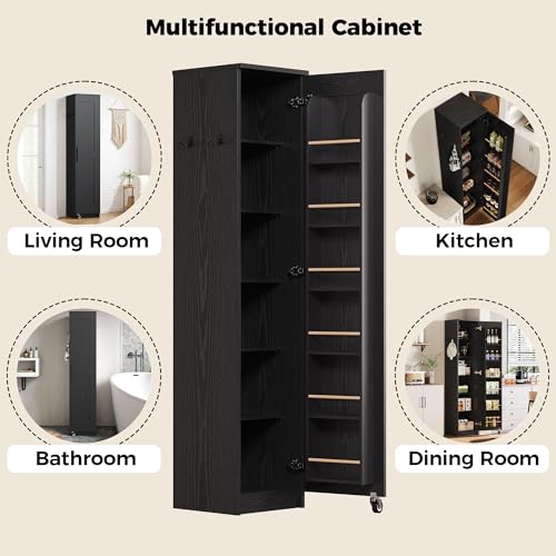 IRONCK Narrow Kitchen Pantry Storage Cabinet, 72" Slim Single Door with 6 Adjustable Shelves, Door Rack and Wheels, Space Saving Freestanding Storage Floor Cabinet for Small Place, Black