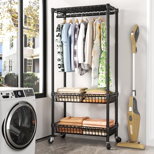 Heavy Duty Clothes Rack Rolling Garment Rack,3 Tier Adjustable Wire Shelving Clothing Racks for Hanging Clothes with Double Rods&Side Hooks,Freestanding Wardrobe Storage Rack Metal Portable Closet - color: Black5, size: 15.75"D x 23.5"W x 72.45"H