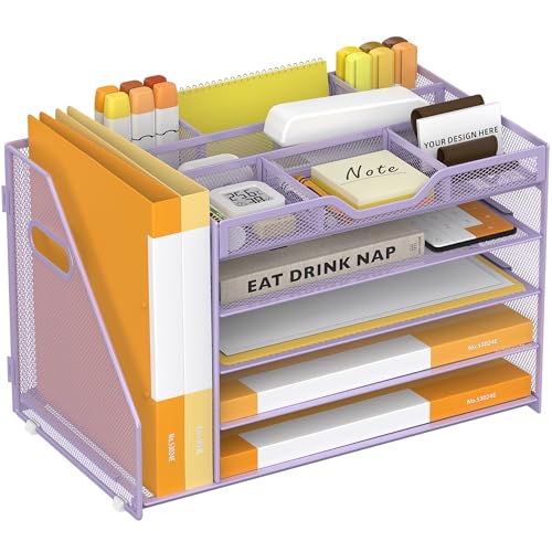 5 Tier Paper Letter Tray with File Holder and 3 Drop-in Pen Holders, Mesh Desk File Organizer with Handle, Desk Organizers and Accessories for School,Home, Office Supplies Storage-Purple - color: 5 Tier with File Holder-Purple, size: 15.4" x 9.1" x 10.3"