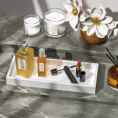 Bathroom Vanity Tray for Counter Bamboo Bathroom Decorative Tray, Dresser Top Perfume Tray for Home Decoration 11.3” L x 4.4” W x 1.14” H （White） - color: White, size: 11.3" x 4.4" x 1.1"