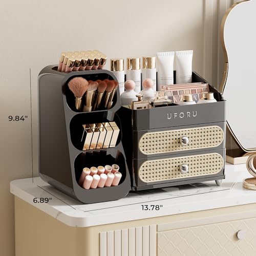 Makeup Organizer for Vanity with Brush Holder, Large Plastic Bathroom Countertop Skincare Organizer with 2 Drawers, Spacious Cosmetic Display Case for Perfumes, Eyeshadow Palettes, Nail Polishes - color: Black Rattan Weaving, size: Large