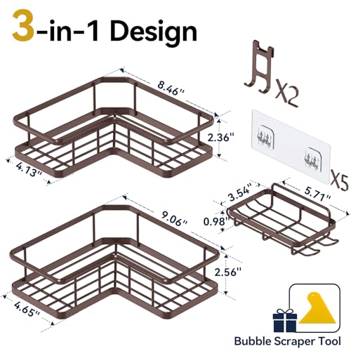 YASONIC Shower Caddy Corner, 3-Pack Adhesive Rustproof Stainless Steel Shower Shelves with Soap Holder, No Drilling Shower Organizer Corner for Dorm, Renters Bathroom, Bronze - color: Bronze, size: 3Pack