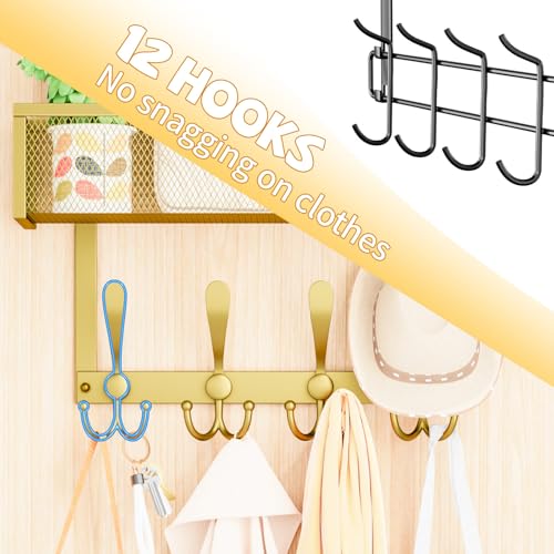 Kaiferty Over The Door Hooks Organizer,Over Door Hanger Towel Rack Mesh Basket with 12 Hooks,Back of Door Storage Organizer for Bedroom,Bathroom,Kitchen,Office(Gold) - color: 1 Upgrated Baskets-Gold