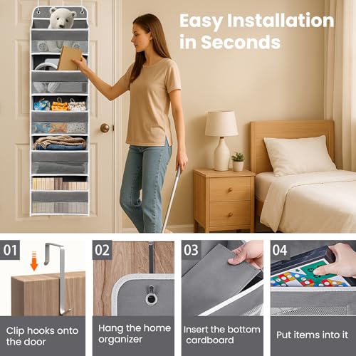 Ease of Assembly Over The Door Organizer, 5 Shelves & 8 Side Pockets,Hanging Behind Door Storage, Heavy-Duty Reinforced Mesh Rack Holds 44lb for Bathroom,Pantry, Nursery,Closet, Shoes, Towels - color: Dark Grey, size: 5 shelf