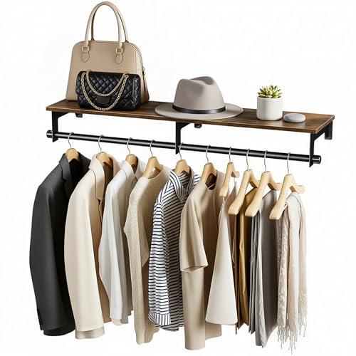 Luxspire Wall Mounted Clothes Rack, 43.3inch Clothing Racks with Top Shelf for Hanging Clothes, Heavy Duty Industrial Pipe Garment Rack, Laundry Room Shelves Closet Storage, Large - color: Black + Brown, size: 43.3inch