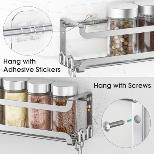 LUCYCAZ 4 Pack Wall Mounted Spice Rack with 16 Hooks, Spice Organizer Shelf for Stove Cabinet Pantry Door,Screw or Adhesive Spice Shelf Hanging Wall Spice Rack in Kitchen and RV (Silver, 4 PACK) - color: Silver, size: 4 PACK
