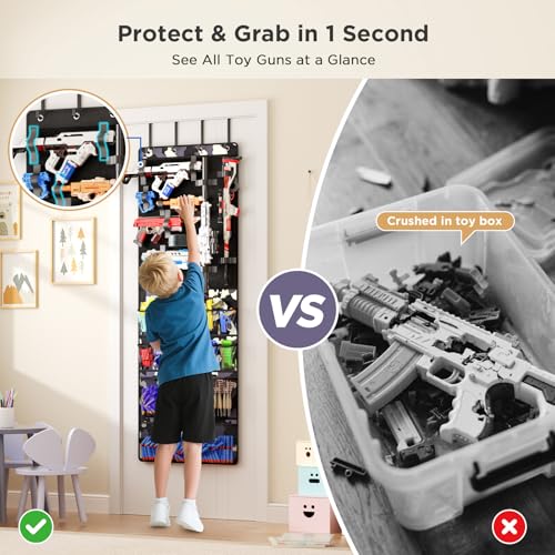 Over the Door Organizer for Toy Guns, Hanging Toy Guns Storage Organizer with Pockets and Slots for Kids Foam Blasters, Darts, Goggles, Toys Storage Door Hanger for Kids Rooms, Game Rooms, Camouflage - color: Multicolored