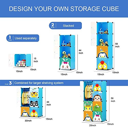 MAGINELS Children Wardrobe Kid Dresser Cute Baby Portable Closet Bedroom Armoire Clothes Hanging Storage Rack Cube Organizer(Blue, 6 Cube & 1 Rod) - color: Blue, size: 8 Cube
