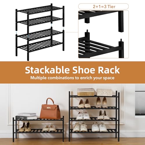 4 Tier Bamboo Shoe Rack Storage Organizer for Closet, Multifunctional Stackable Free Standing Shoe Shelf Organizer for Small Space,Entryway, Hallway, Bathroom27 x11 x26(Black, 4 Tier) - color: Black, size: 4 Tier