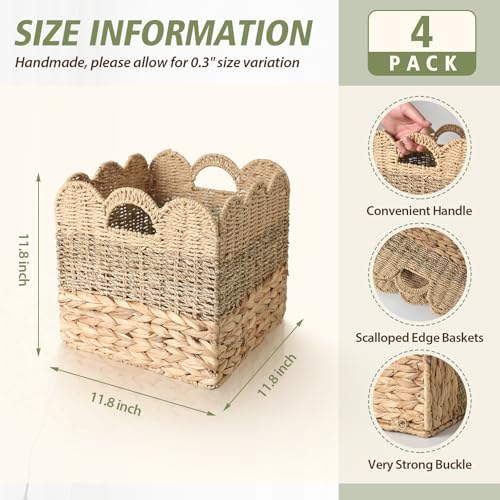 12x12 Storage Cube Bins Wicker Storage Basket for Cube Shelf, Set of 4 Collapsible Scalloped Storage Bins with Handle, Square Woven Baskets for Organizing Shelves Bedroom Pantry - color: Natural