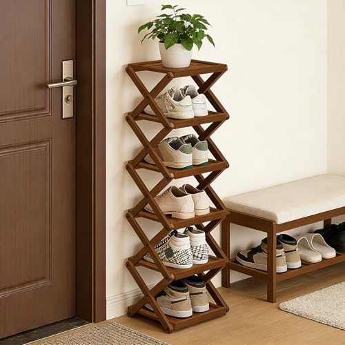 YYW Shoe Rack, Foldable Bamboo Shoes Shelf, Freestanding Shoe Storage Organiser for Entryway, Bedroom, Closet, Hallway Functional, Natural Shoe Rack (Brown, 6 Layers) - color: Brown, size: 6 layers