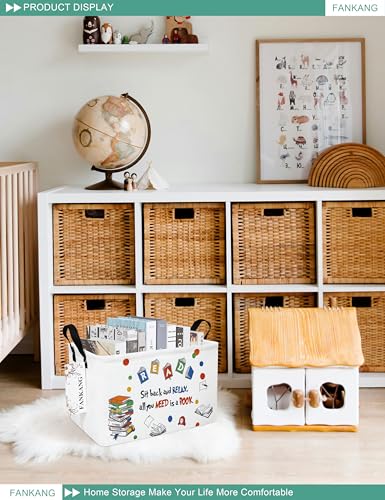 FANKANG Storage Bins, Nursery Hamper Canvas Laundry Basket Foldable with Waterproof PE Coating Large Storage Baskets for Kids Boys and Girls, Office, Bedroom, Clothes,Toys(Rec-Reading ） - color: Rec-Reading